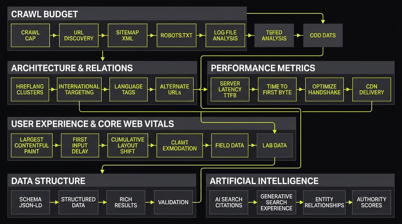 Technical SEO audit workflow diagram showing crawl analysis, hreflang implementation, Core Web Vitals optimization, and content strategy for international businesses outsourcing SEO to India